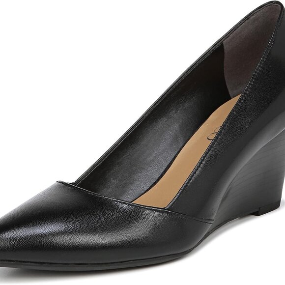 Women's Leather Pump 8.5 Black Pointed Toe Wedge Slip-On Dress Shoes - Picture 1 of 9